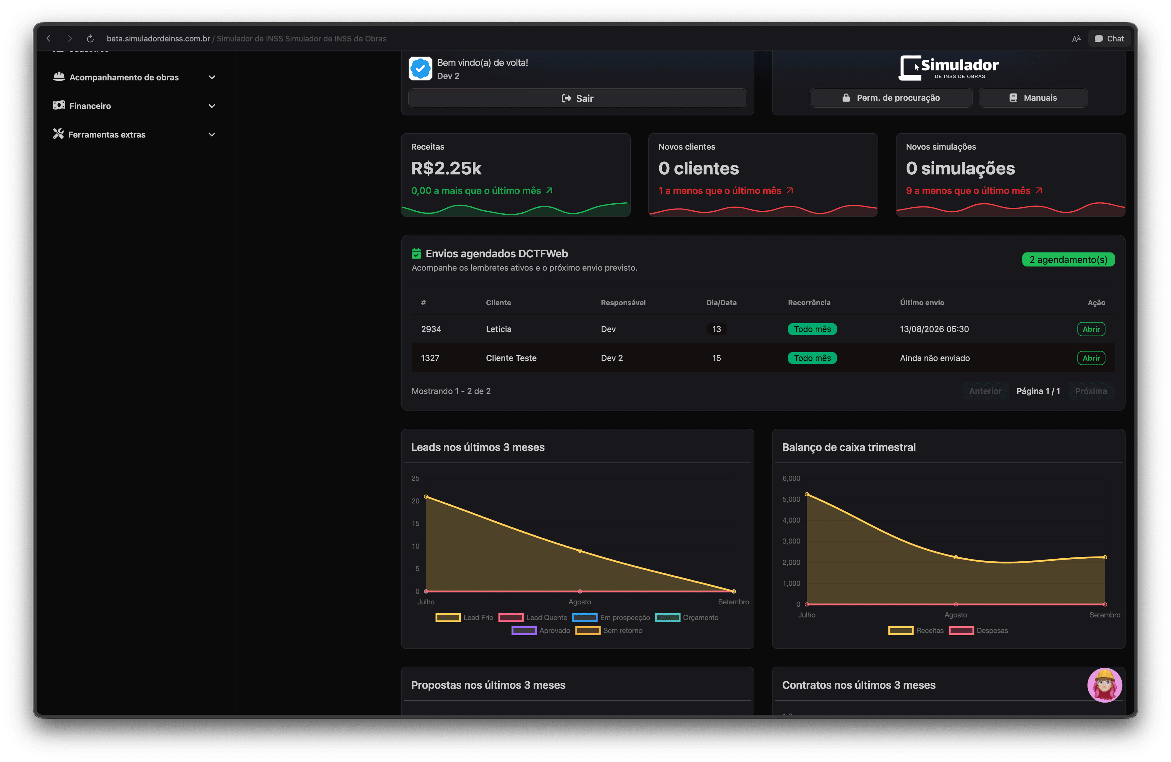 Dashboard do Simulador de INSS de Obras